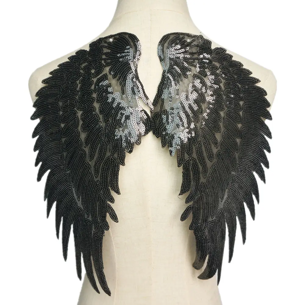 

2PCS Black Sequin Feather Angel Wings Sew Iron on Patches 33CM For Dress Jeans Shirt DIY Appliques Decoration