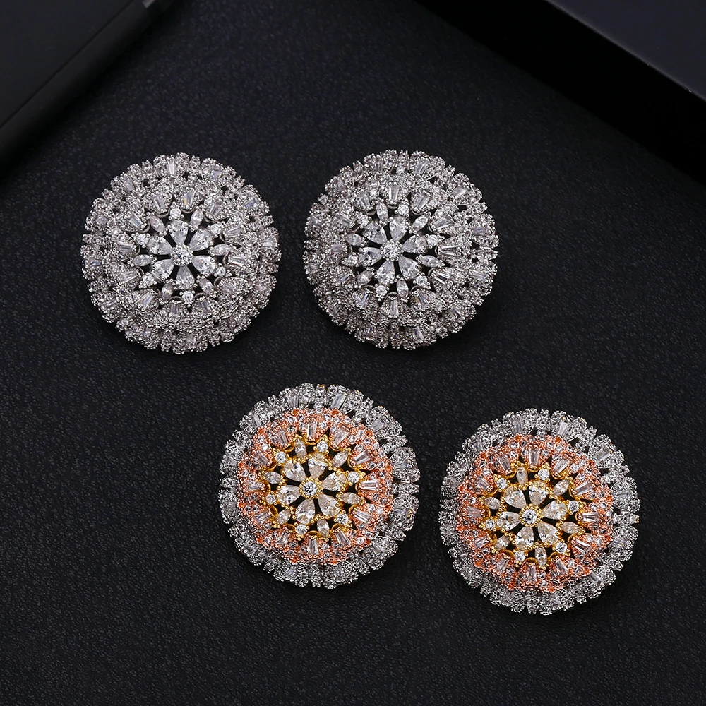 

jankelly Famous Design Luxury Popular 3 Tone flower Stud Earrings For Women Wedding Full Mirco CZ Cubic Zircon Trendy Jewelry