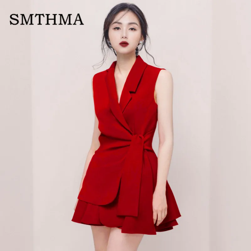 

2019 New Fashion High Quality Summer Women's Sleeveless Jacket + Mini Skirt Solid Two-piece Skirt Set