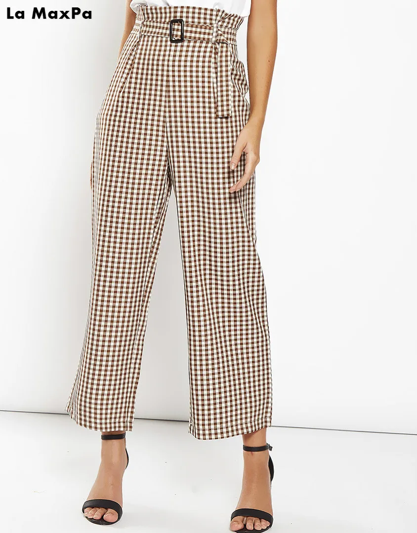 2018 Summer Fashion Waist Print Plaid Wide Leg Pants Trousers Belt High