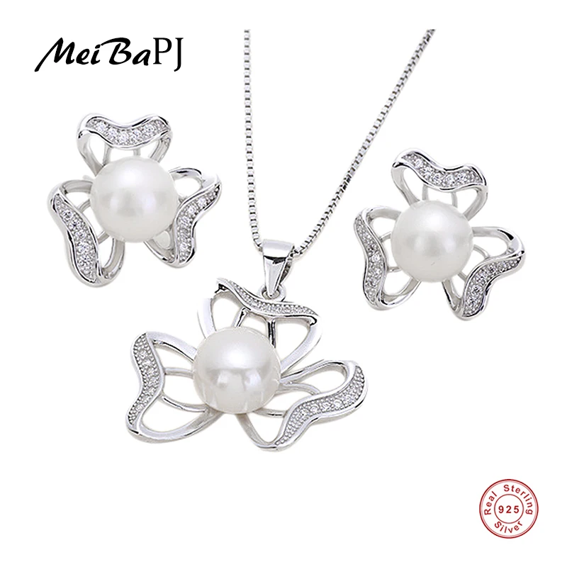 

[MeiBaPJ]New fashion grade AAAA freshwater pearl jewelry set for women 925 sterling silver charm fine wedding party jewelry