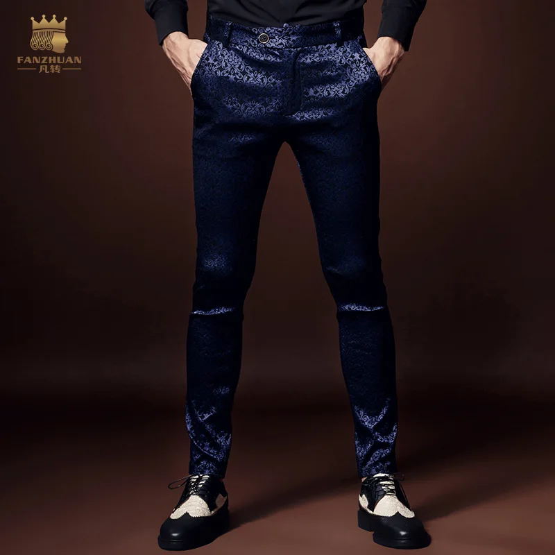 

Free Shipping New arrivals Male fashion man's casual Autumn dark grain flower boom Party slim microejection purple pants 618056