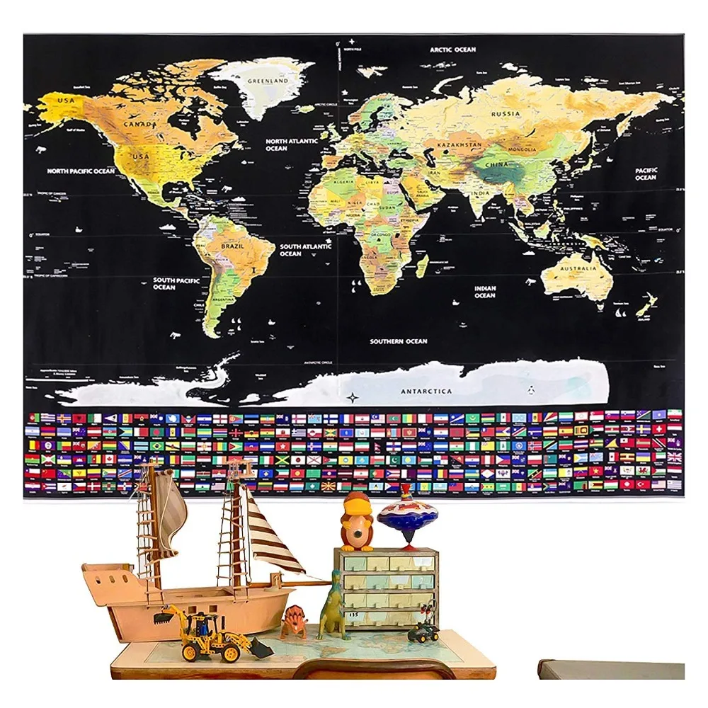 

Wall Decor Scratch Off World Map Wall Sticker with Country Flags Travel Map Poster Scratchable Map For Kids Room Decoration