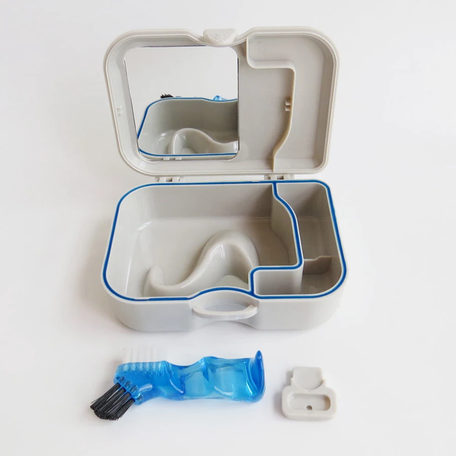 Denture Storage Box Case With Mirror and Clean Brush Dental Appliance |