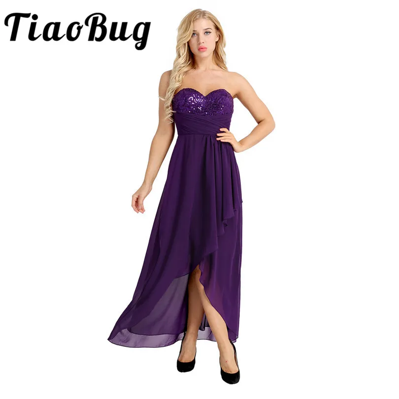 

TiaoBug Women Ladies Bridesmaid Dresses Women Formal Party Gowns Sweetheart Strapless Asymmetric Chiffon Elegant Summer Dresses
