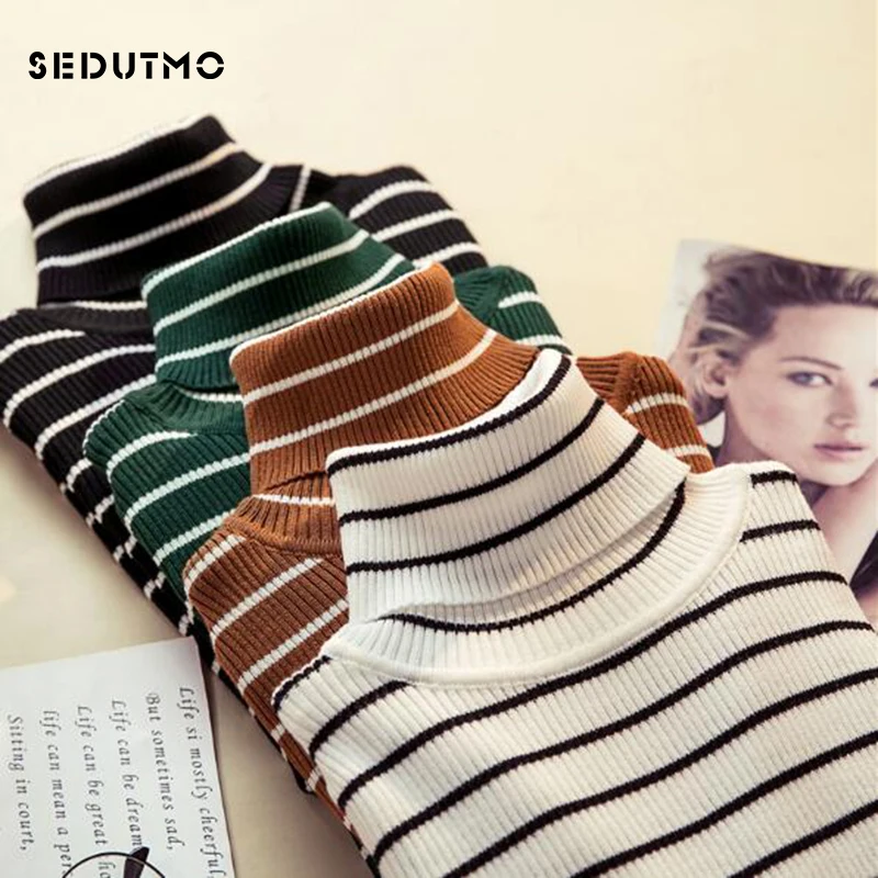 

SEDUTMO Winter Stripe Sweater Women Knitting Turtleneck Tunic Sweater Pullovers Long Sleeve Autummn Slim Jumper Top ED408