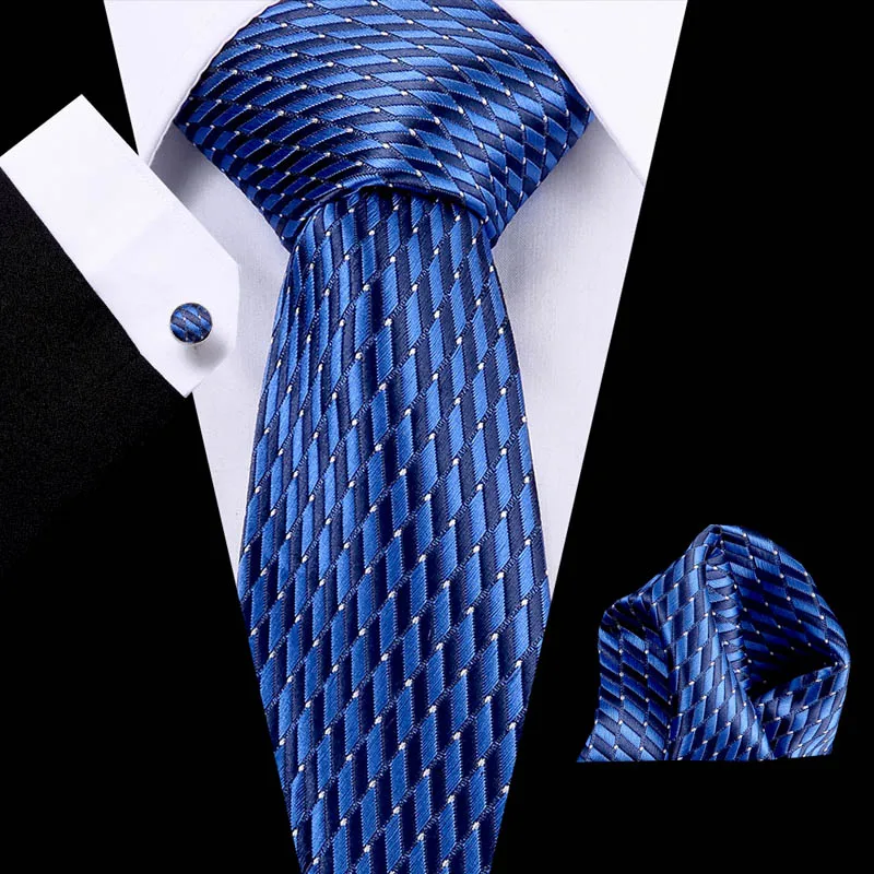 

New Design Neck Tie Set 7.5cm Striped Mens Tie Pocket Square Cufflinks Navy Blue Yellow Silk Ties For Men Suits