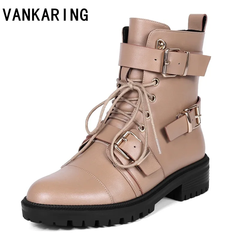 

fashion buckle genuine leather lace-up motorcycle ankle boots woman brand shoes female autumn platform ankle boots shoes woman