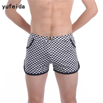 

YUFEIDA Sexy Men's Plaid Boxer Shorts Men's Underwear Big Arrow Pants Casual Leisure Trousers House Built Case Cueca Boxers