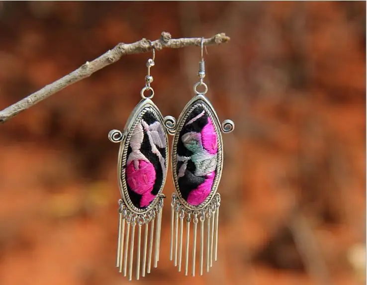 

Folk style jewelry handmade embroidery embroidered Heart Earrings Vintage Old Miao Silver Drop Earrings color random