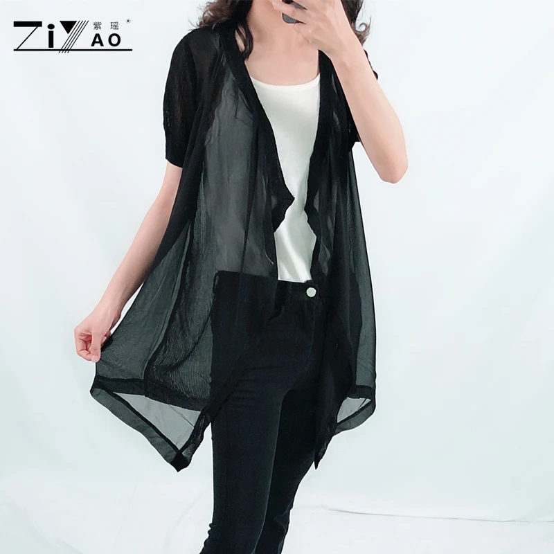 ZIYAO 2019 long Cardigan sweater Chiffon Short sleeve outwear Casual knitted Thin Soft Spring Summer Autumn Women Girl Elegant |