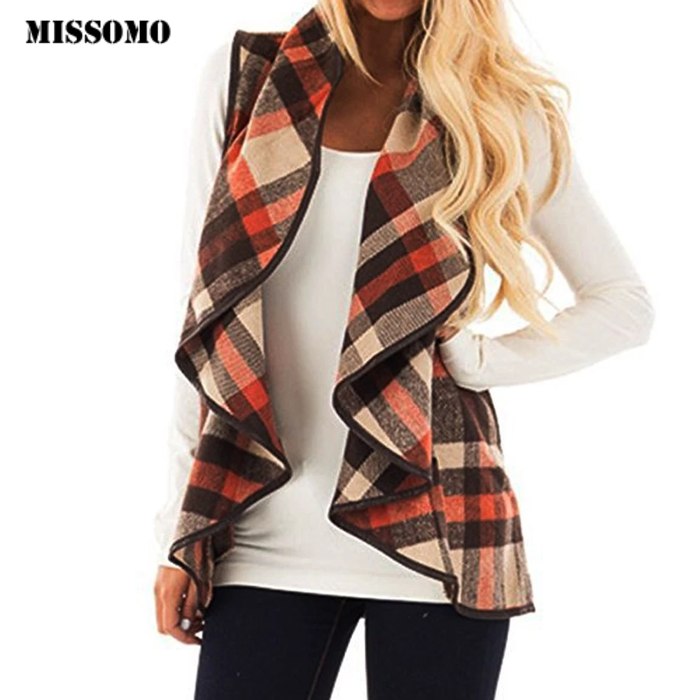 

MISSOMO Autumn Womens Vest Plaid Sleeveless Lapel Open Front Cardigan Sherpa Pockets Coat