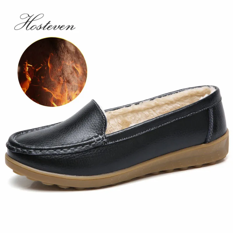

Hosteven Women Shoes Flats Loafers Casual Genuine Leather Plush Moccasins Shoes Winter Female Ladies Leather Black Footware
