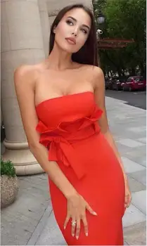 

High Quality Sexy Strapless Ruffles Red Rayon Bandage Dress 2019 Knitted Elastic Bodycon Party Dress