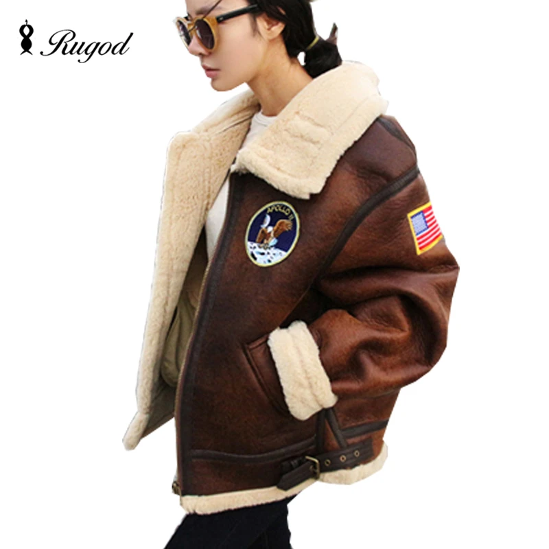RUGOD Motorcycle Bomber Jacket Women Patchwork Warm Lamb Wool Lining