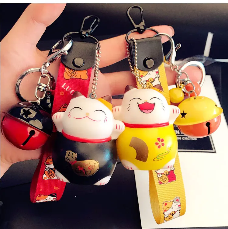 Cartoon Cute Animal Smile Face Lucky Cat Keychain Braid Belt Bells Key Ring Women Car Bag Charm Key Chains Pendant Trinkets Gift