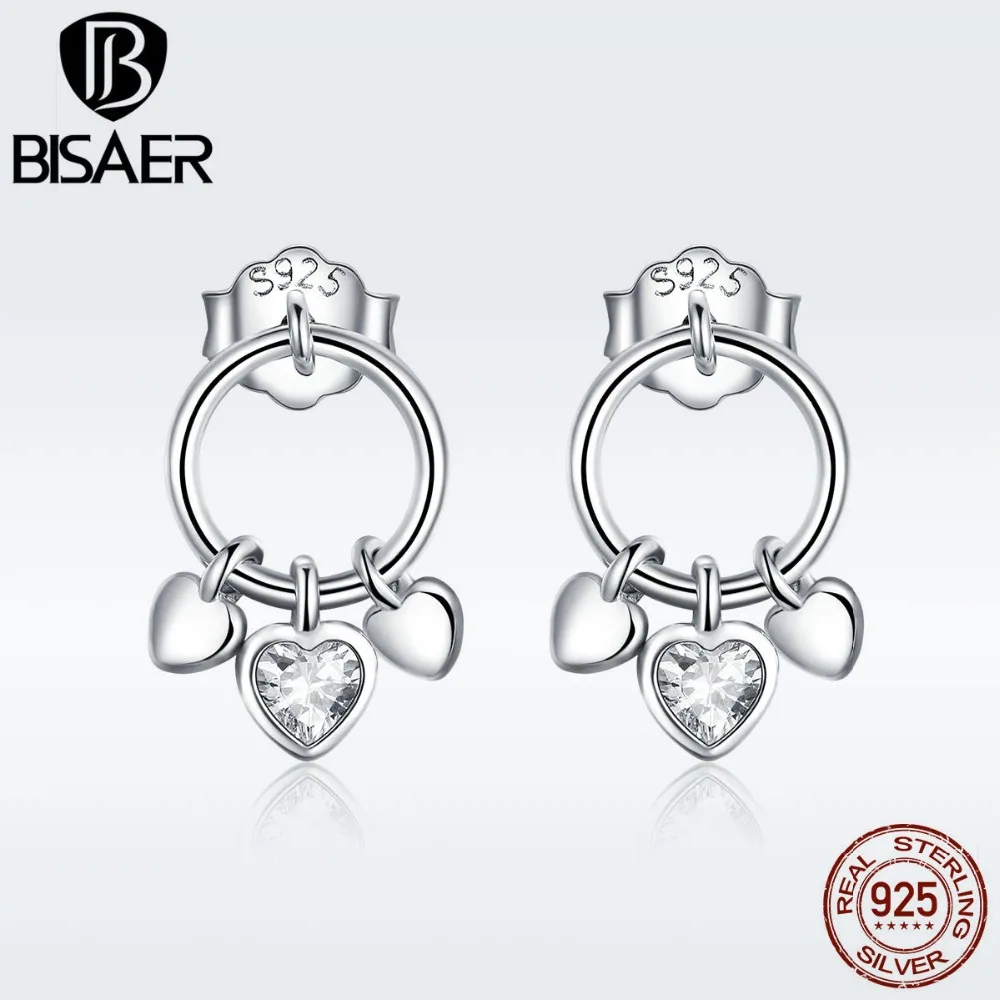 

BISAER Brincos 925 Sterling Silver Love Heart Stud Earrings for Women Circle Heart Simple Silver Earrings Jewelry Bijoux ECE494