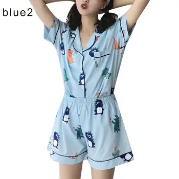 

2Pcs/Set Women Cute Cartoon Pattern Sleepwear sweet Turn Down Collar Short Sleeve Top Hot Pants Pajamas Girly