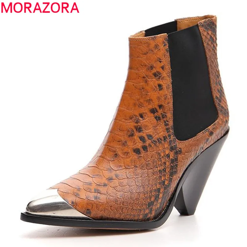 MORAZORA/ г., высококачественные ботильоны для женщин из натуральной кожи с металлическим верхом, ботинки «Челси» модная Осенняя женская обувь на высоком каблуке