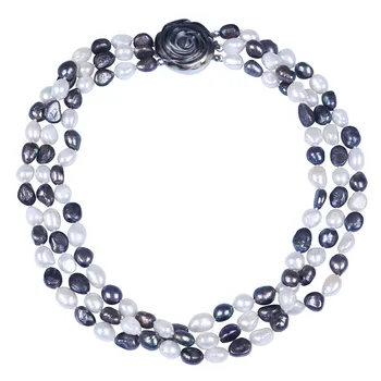 

Fashion 3 layers white & black cultured freshwater pearl necklace shell flower clasp beads Jewelry handmade choker necklace