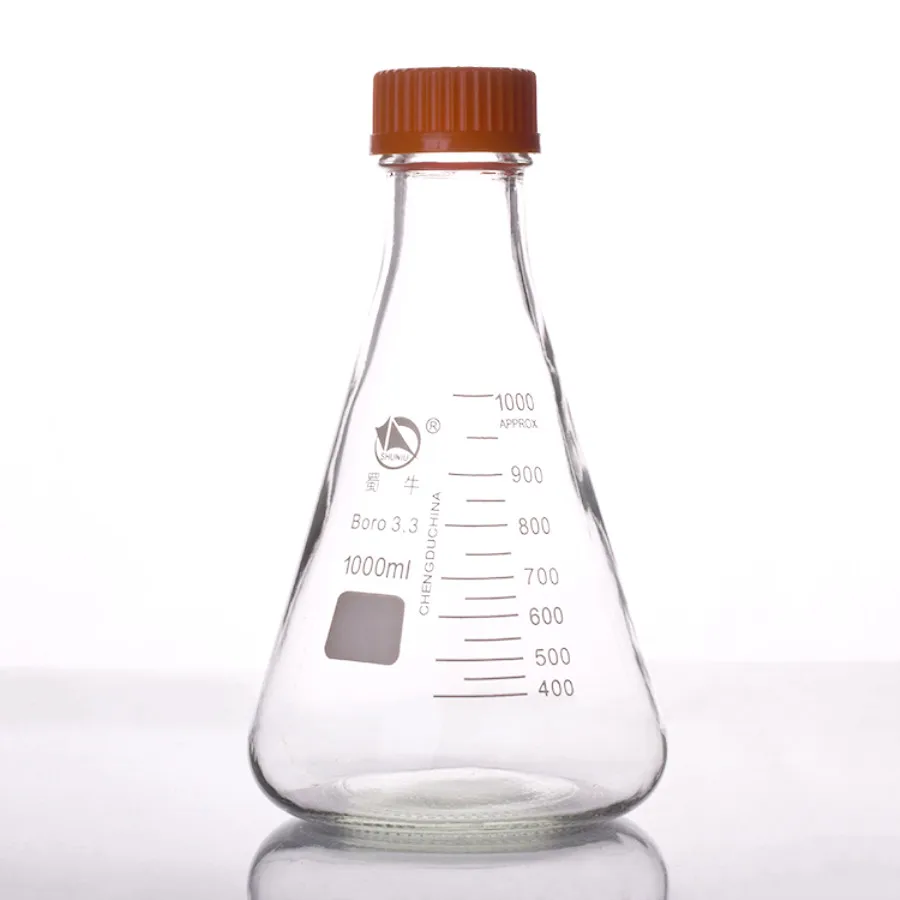1000ml,Glass Erlenmeyer Flask With Yellow Plastic Screw Cap Lid,1L