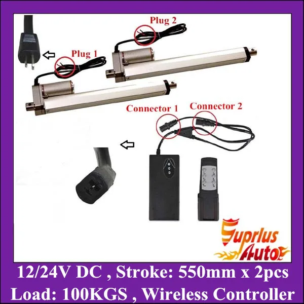 2X DC 12V 100KGS=225lbs 550mm/ 22&quot Stroke Heavy Duty Linear Actuator &amp Wireless Control Motor Controller for Auto Window |