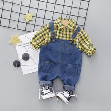 Комплекты одежды для маленьких мальчиков и девочек, клетчатая рубашка+ джинсовый комбинезон, костюм для малышей на весну-осень, хлопковая одежда для маленьких девочек 1, 2, 3, 4 лет