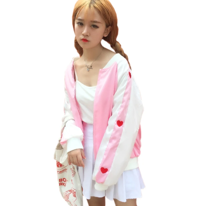 Japan Style Harajuku Jackets Love Embroidery Streetwear 2018 Autumn Basic Coat Boyfriend Pink Bomber Jacket Women Chaqueta Mujer Japan Style Harajuku Jackets Love Embroidery Streetwear 2018 Autumn Basic Coat Boyfriend Pink Bomber Jacket Women Chaqueta Mujer