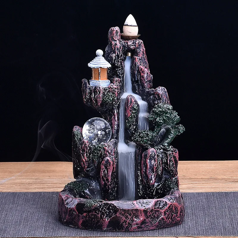 

Artificial LED Backflow Resin Artificial Mountain Smoke Waterfall Backflow Incense Burner Censer Holder Natural Incense Cone