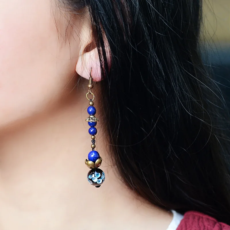 

New Original handmade glass glazed dangle earrings blue ,New Ethnic jewelry humble lotus flowers earrings