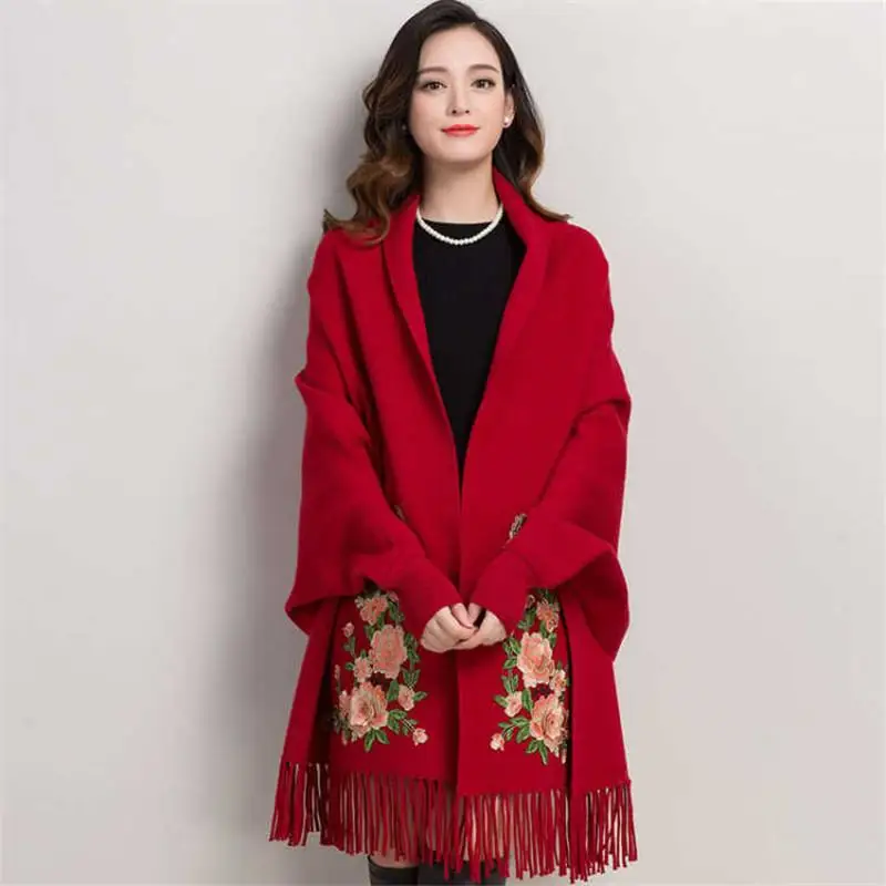 #Special Offers 2019 Autumn Winter Women Elegant Embroidery Cashmere Scarf Knit Shawl Cardigan Female Fashion Thick Warm Wrap Poncho Coat K159