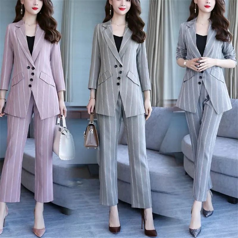 

2019 Autumn Striped Office Two Piece Suits Sets Outfits Women Plus Size Long Sleeve Tops And Pants Elegant Ol Style Ladies Sets