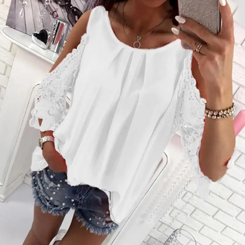 

Blouses Women Cold Shoulder Casual Shirts Blouse Hollow Out Sleeve Loose Blusa Plus Size WS1360M