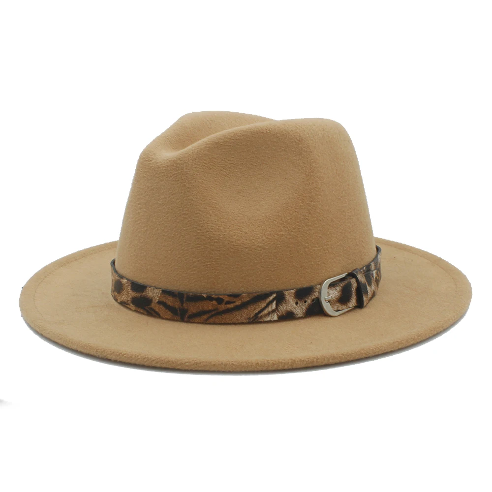 Для женщин Для мужчин Шерсть Outback фетровая шляпка шерстяная шляпа для женщин шляпа с широкими полями Feminino джазовые шляпы сомбреро с леопардовой расцветкой и кожа Размеры окружности головы 56-58 см G20