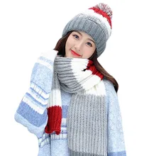 Теплая вязаная зимняя шапка с круглым вырезом, шапка с большим меховым помпоном, вязаная шапка с шарфом, набор женских шапок, Шапка-бини, толстая шапка Skullies, женская шапка, зимняя женская шапка