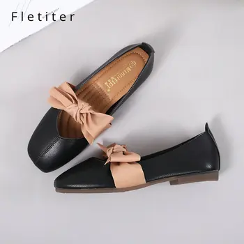 

Fletiter Flats shoes women Butterfly knot Loafers Leather Ballerina ballet Round toe ladies Autumn fashion shoe Brand big size