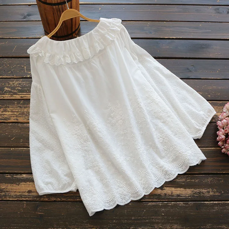 5847 Spring Women Top Literary Vintage Ruffled Collar Drawstring Embroidery Cotton Pullover Long Sleeve Loose Shirt Blouse Women 4