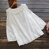 5847 Spring Women Top Literary Vintage Ruffled Collar Drawstring Embroidery Cotton Pullover Long Sleeve Loose Shirt Blouse Women 4