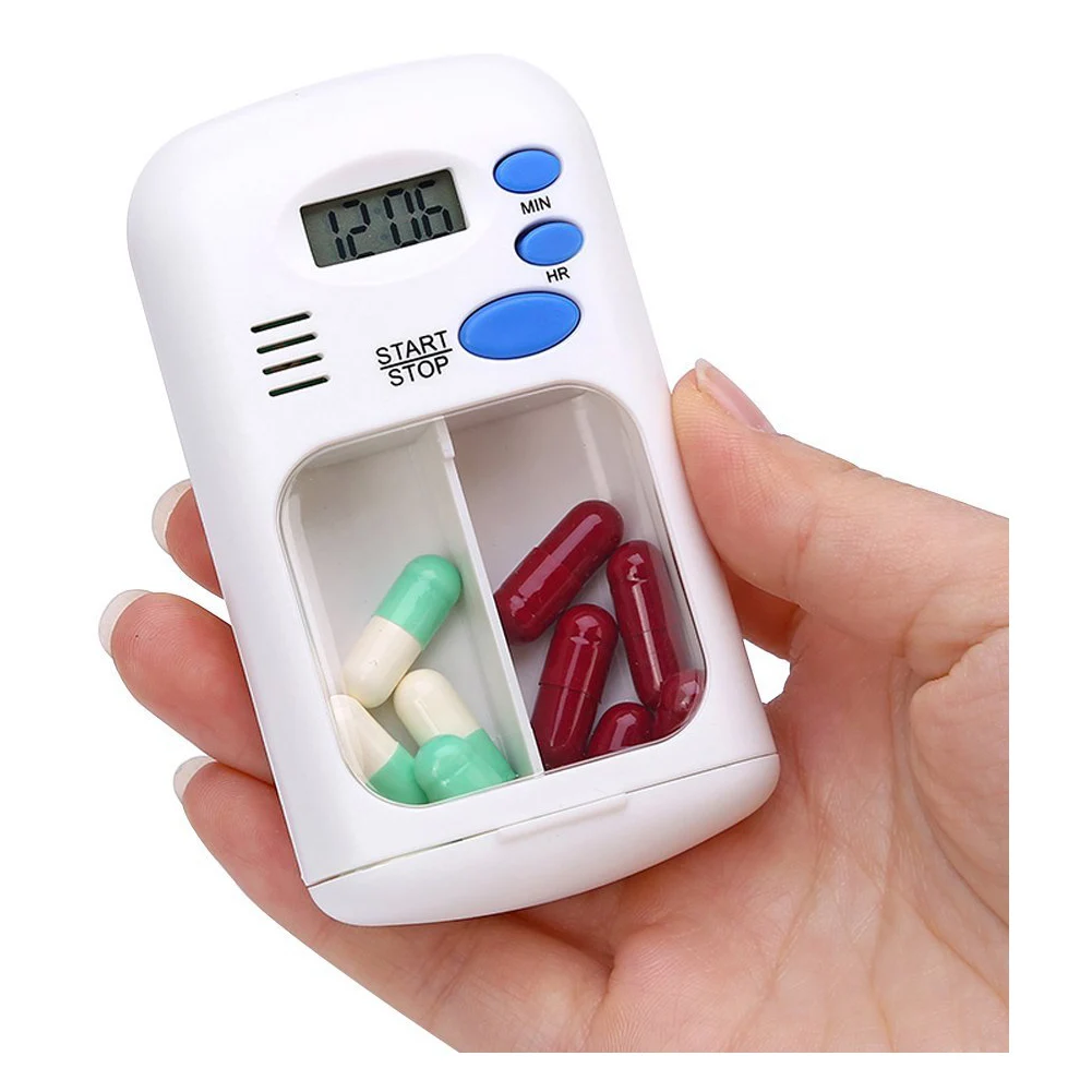 

Portable Daily Pill Case Box Storage System 2 Compartment Pillbox & Alarm Clock Elderly Pills Tablet Holder Organizer for Medi