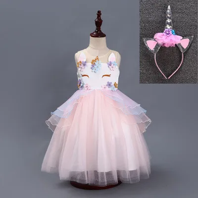 Unicorn Dress Flower Girls Unicorn Tutu Dress Princess Girls Christmas Dress Children Unicorn Party fantasia Girls Dress - Цвет: Beige and headdres