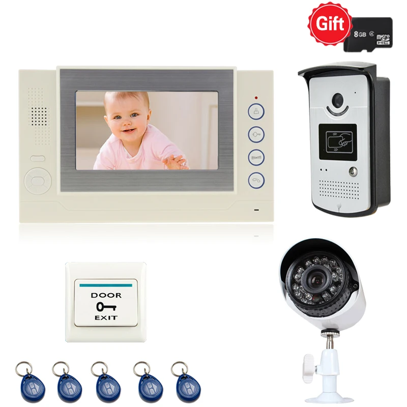 

JEX New 7 inch LCD Video Door Phone Intercom system kit video recording Monitor + RFID Access Control IR Camera + CCTV Camera
