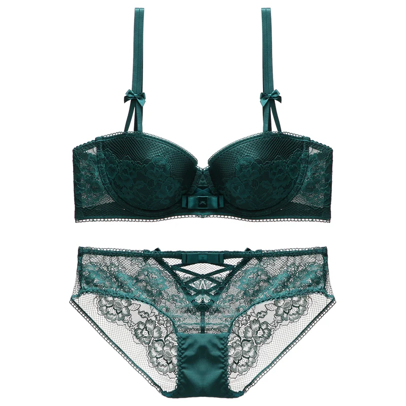 

Demi Bra set Women bra and panty set Lace bra lingerie set Push up bra Underwire 1/2cup thin padded Plunge Dentelle Bow