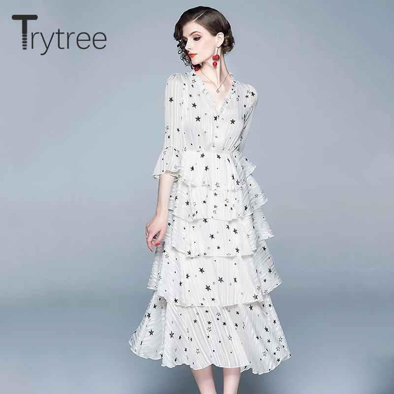 

Trytree Summer Women Dress Casual V-neck Cascading Ruffle Butterfly Sleeve Star Shirt Dress A-Line Mid-Calf High Street dress