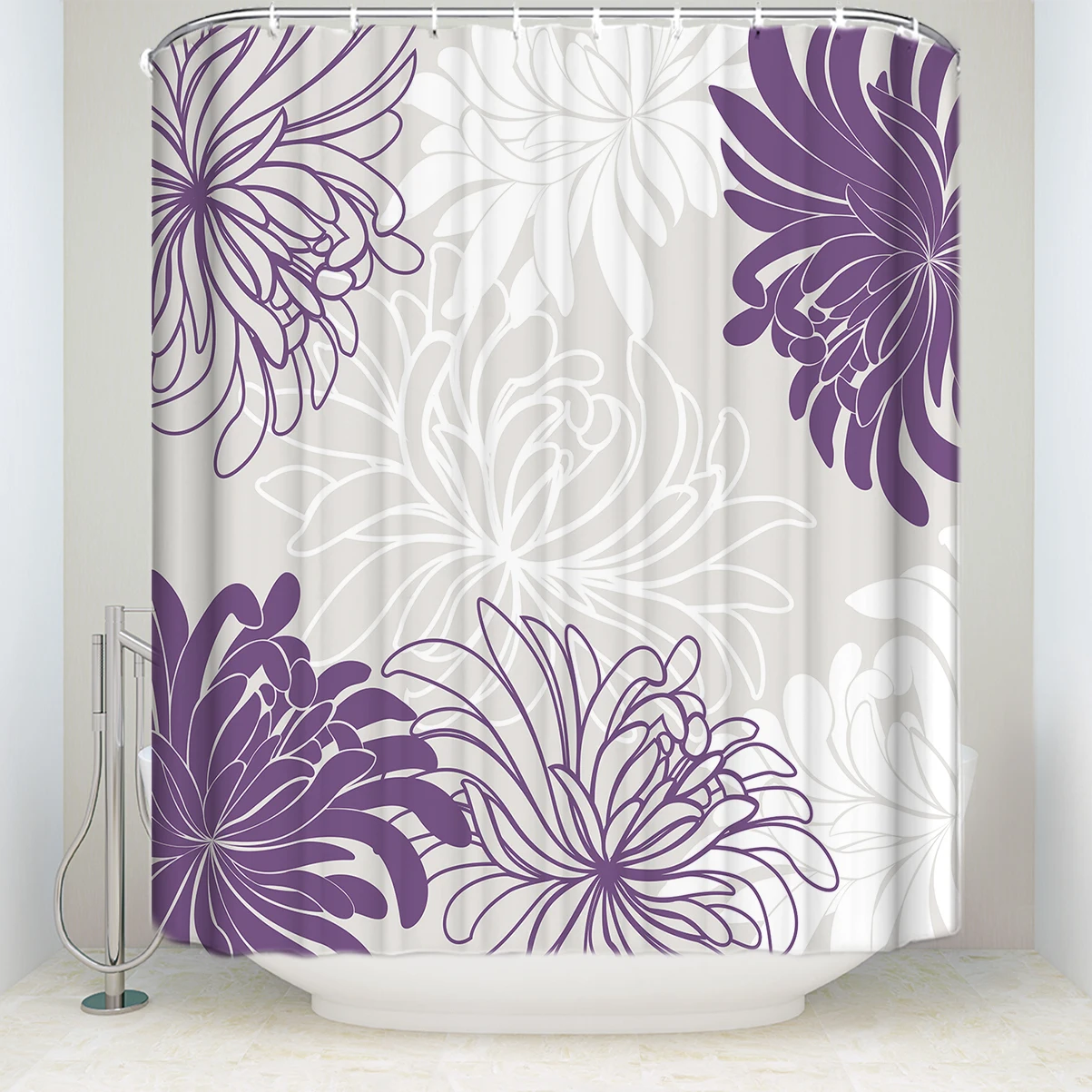

Waterproof Floral Shower Curtain with Hooks Polyester Fabric Daisy Pattern Bathroom Curtains for Home Decor White Gray Purple