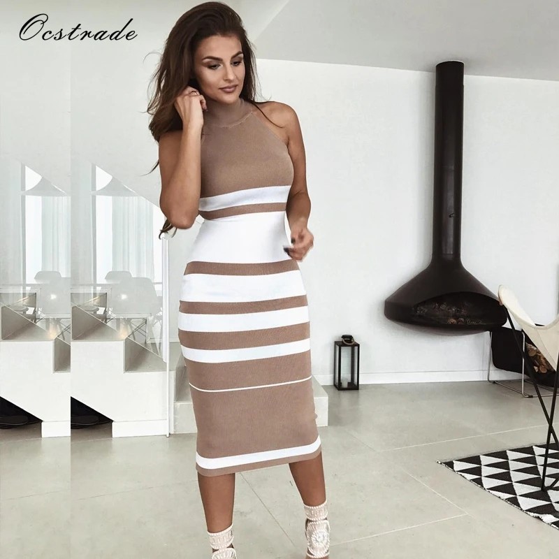 Ocstrade Vestido Midi элегантное высококачественное женское модное летнее облегающее Бандажное платье в белую и телесную полоску из вискозы Платья для вечеринок