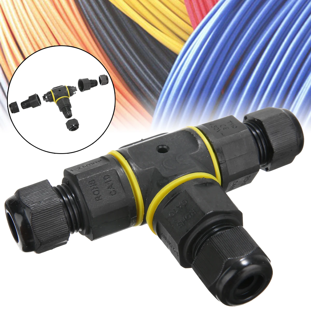 

New IP68 20A 450V Waterproof Cable Connector T Shape 3 Way Splitter Electrical Outdoor Power Light and Lantern Connection