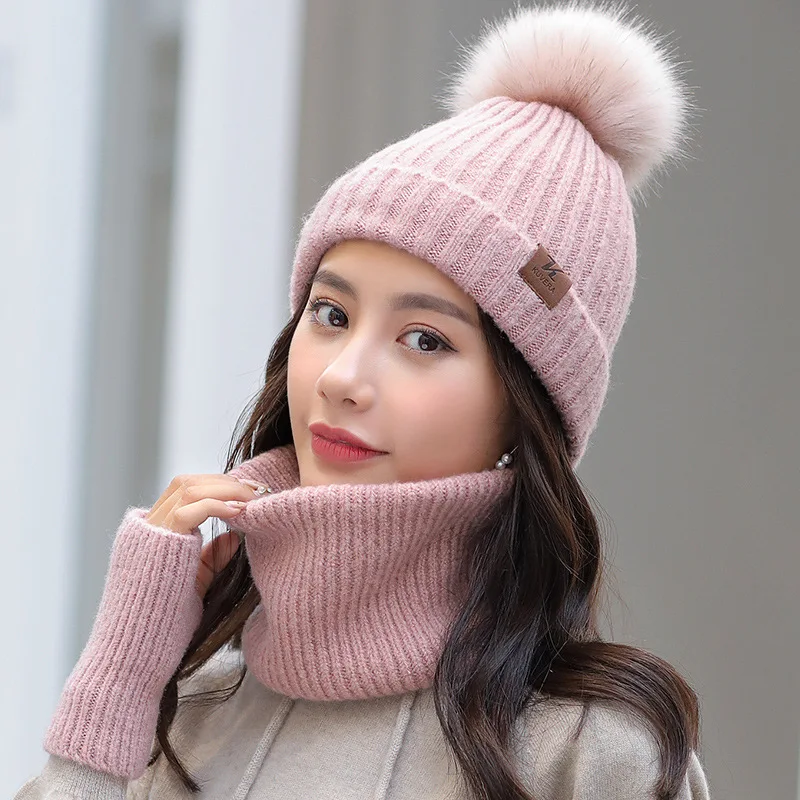 Осень зима женская шапка вязанная Шерсть Теплый шарф толстый ветронепроницаемый подшлемник многофункциональная шапка шарф перчатки Набор для женщин - Цвет: pink