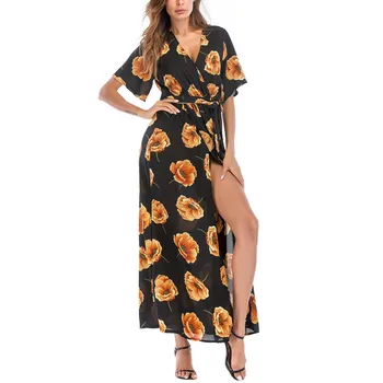 

Women Dress Sexy Summer V-neck Short Sleeve Print Feather Print Beach Dress Sexy Split Dress Loose Fashion