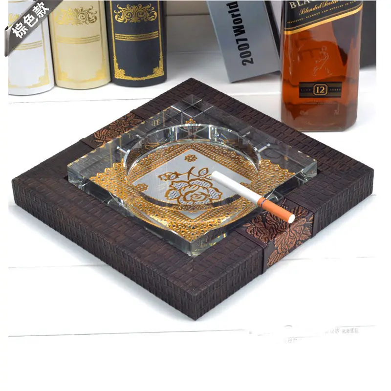 antique square crystal cigar ashtray cigarette ashtrays with wood leather pedestal base hotel