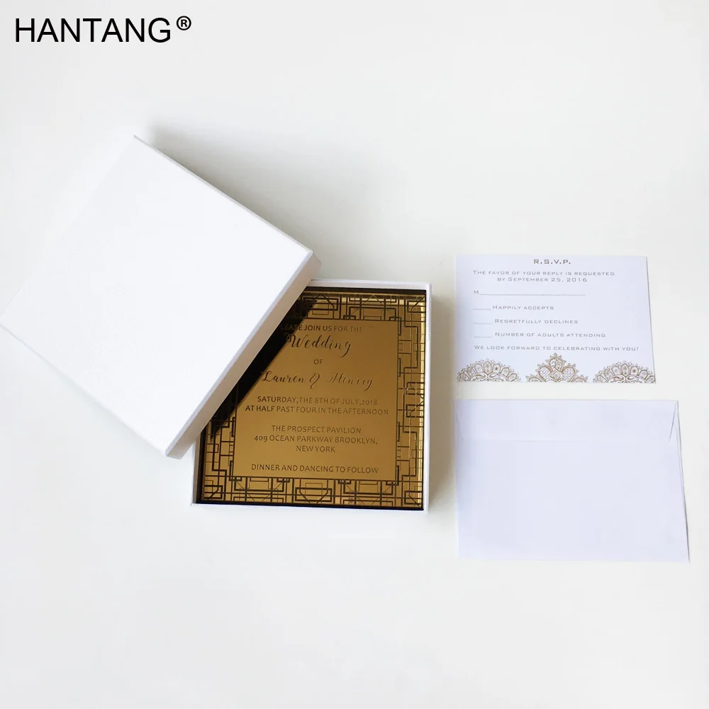  Luxury Square Shape 150x150mm Engraved Golden Mirror Acrylic Wedding Invitation Card 100 Sets Per L - 32830675847